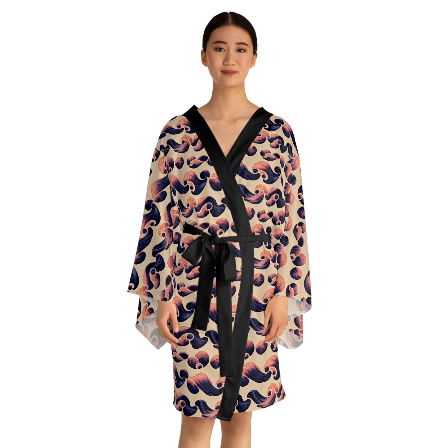 Wavy Floral Print Long Sleeve Kimono Robe