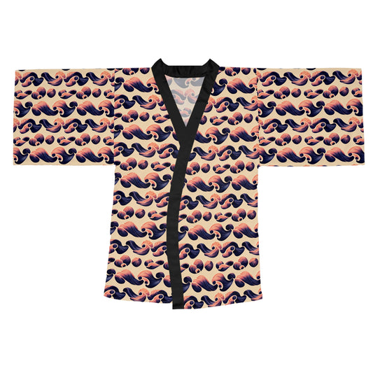 Wavy Floral Print Long Sleeve Kimono Robe